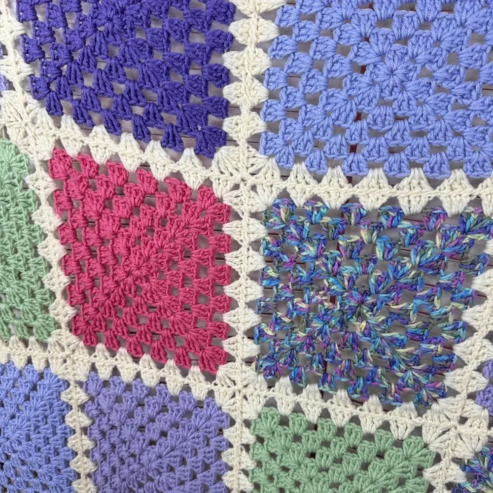 Handmade Granny Square Crochet Afghan Blanket White Multicolor Pink Purple Green